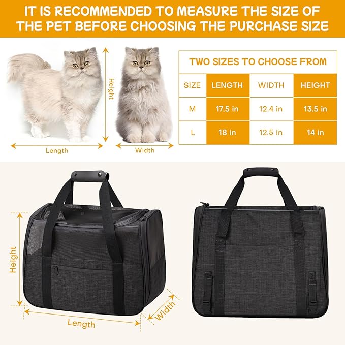 Cat Carrier Soft-Sided for Large Cats, Dog Carriers for Small Dogs, Airline Approved Pet Travel Carrier for Cats Puppies up to 16Lbs with Safety Zippers Foldable Bowl, 18x12.5x14.2, Black