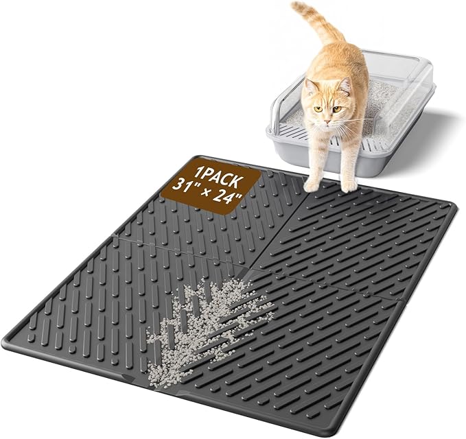 Cat Litter Mat with Grooves & Raised Edge, Urineproof/Waterproof, Litter Scattering Control, Easy to Clean (31 * 24in-Black-1 Pack)