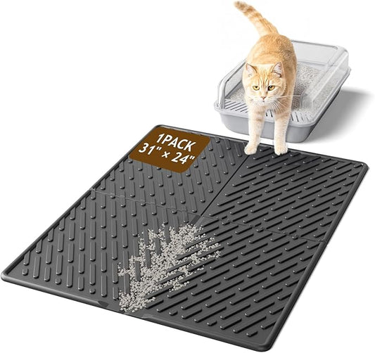 Cat Litter Mat with Grooves & Raised Edge, Urineproof/Waterproof, Litter Scattering Control, Easy to Clean (31 * 24in-Black-1 Pack)
