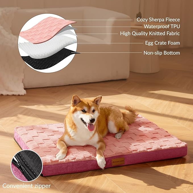 Patas Lague Orthopedic XL Dog Bed Large Sized Dog 48''X30'', Waterproof Soft Comfortable Egg Crate Foam Large Pet Beds Crate Mat with Removable Washable Cover and Nonskid Bottom, Pink
