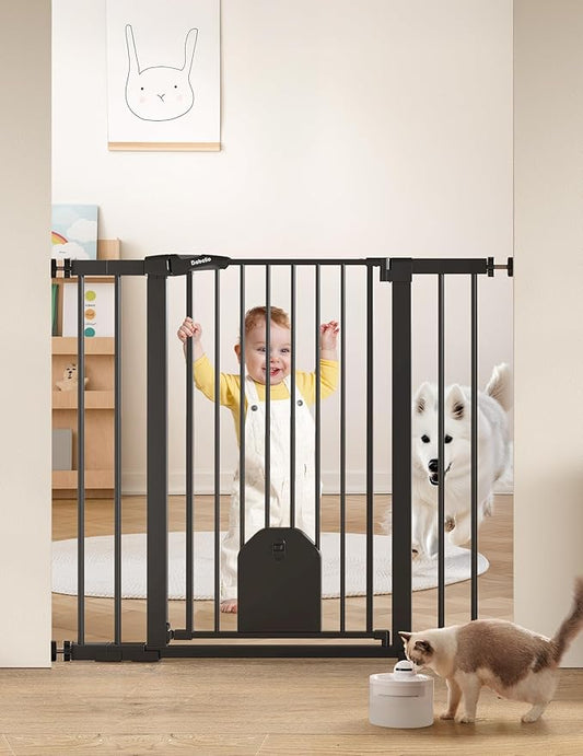 Babelio 36" Tall Auto Close Baby Gate with Small Cat Door, 29-43" Metal Cat Gate for Doorway, Stairs, House. Easy Walk Thru Dog Gate with pet Door, Includes 4 Wall Cups and 3 Extension Pieces, Black