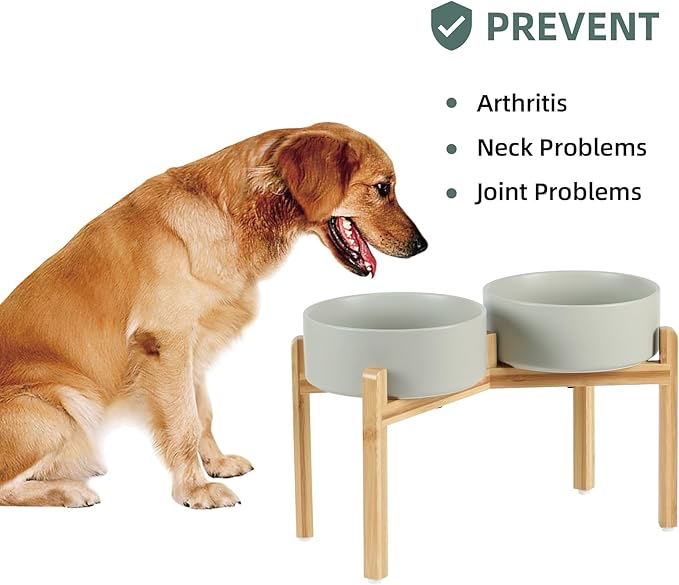 Ceramic Raised Double Bowls Set with Stand, Food & Water Bowls for Large Breed Dogs, Weighted Dog Dishes, Pet Bowl(8.2'',60OZ, Grey)