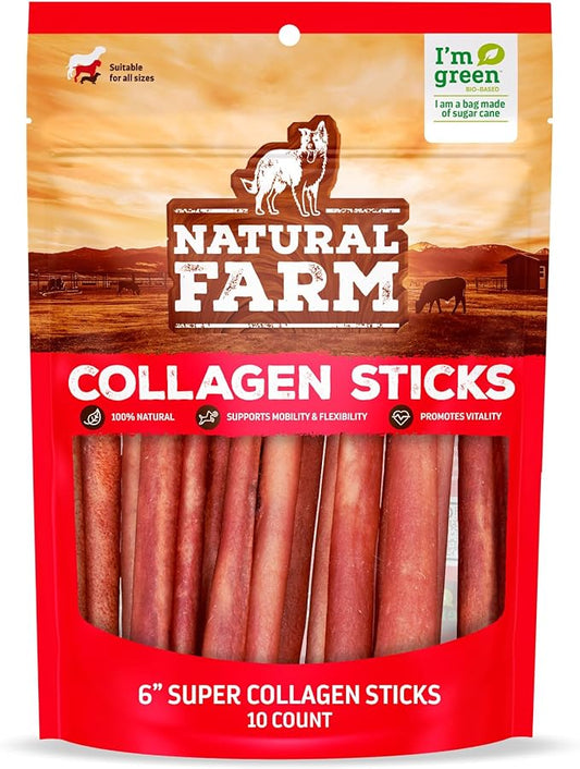 Natural Farm Odor-Free Super Collagen Dog Chews (6-Inch, 10-Pack) The First Ever Real Bull Sticks Alternative: 100% Natural Angus Hide Collagen Treats - More Protein, More Chew Time for All Dogs