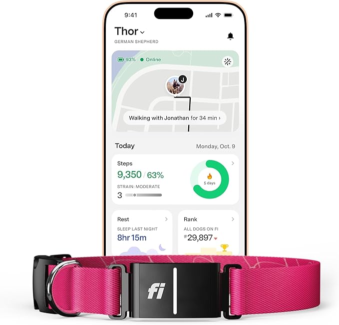 New Fi Series 3+ Smart Dog Tracker Collar – AI GPS for Dogs, Health & Behavior Monitor, Virtual Fence, Escape Alerts, Waterproof, Apple Watch Compatible [12Mo Membership Included] (Pink, Medium)