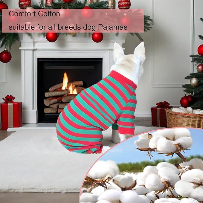 Dog Pajamas Cotton Striped Pet Jumpsuit, Breathable Comfy Pjs for Puppy and Cat, Dog Christmas Pajamas Shirts for Small Large Dogs Onesie Boys and Girls
