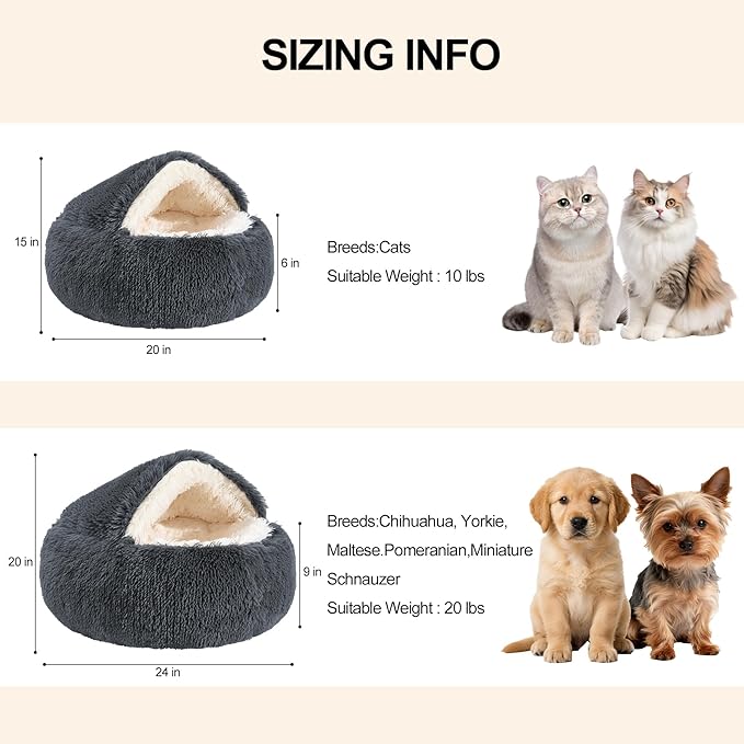 Calming Dog Beds & Cat Cave Bed with Hooded Cover,Removable Washable Round Beds for Small Medium Pets,Anti-Slip Faux Fur Fluffy Coved Bed for Improved Sleep,Fits up to 15/25 lbs(Dark Grey,24"x24")
