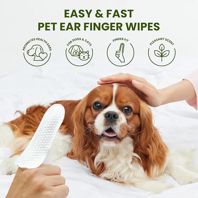 Ear Finger Wipes for Dogs & Cats, Thicker Dog Ear Cat Ear Cleaner Wipes, Natural Relief Cat Ear Cleaner Dog, Pet Health Supplies for Dog Kitten Small Animal, Aloe Scent Deodorizing - 50 Count