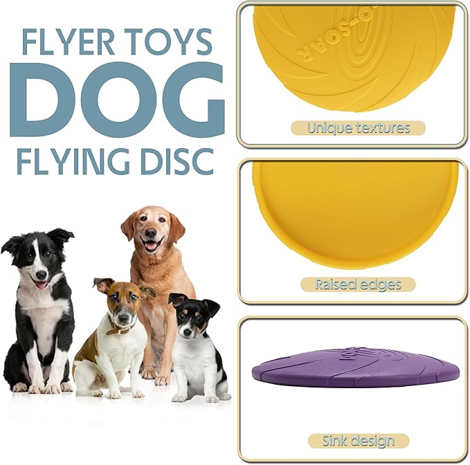 Indestructible Dog Flying Disc, Interactive Dog Flyer Toys, Soft Dog Catch Fetch Toys for Small Medium Large Dogs, Floats in Water & Safe on Teeth, 9.05 in (Purple and Yellow, 2Pcs)