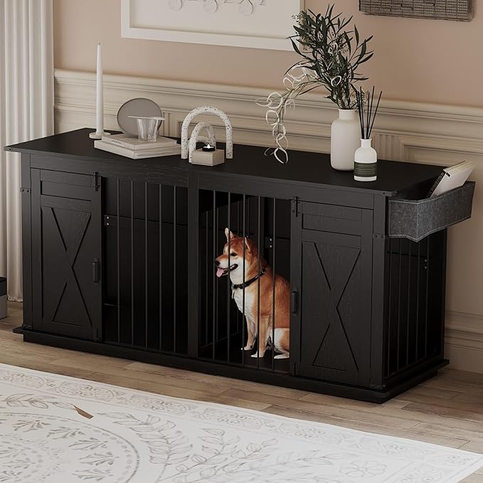 78.8" Double Dog Crate Furniture with Sliding Barn Doors, 4 Storage Spaces, Extra Large Indoor Pet Kennel for 2 Dog, Farmhouse Style Cage (Advanced Black)