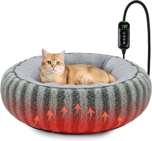 Toove Heated Cat Bed Indoor - 20" Heating Donut Pet Bed for Cats and Small Dogs, Ultra Soft & Cozy Sleeping Cat Beds, Machine Washable, Waterproof & Safe Warming with Timer and Temperature Control