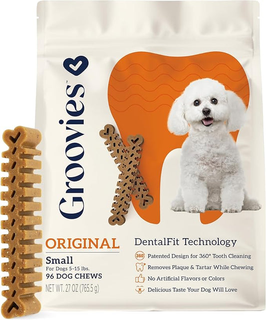 Groovies Flexible, Yet Moderately Tough Daily Dog Dental Chews. Powered by USA-Patented DentalFit Technology. No Added Gluten, No Artificial Flavors or Colors. Original 27oz Small (96Chews)