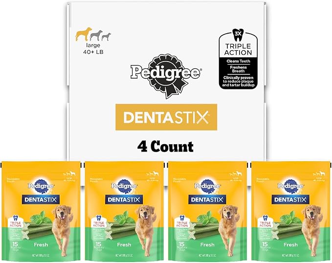 Pedigree Dentastix Large Breed Dog Treats, Fresh Flavor, (4) 15ct Bags (60 Treats Total)