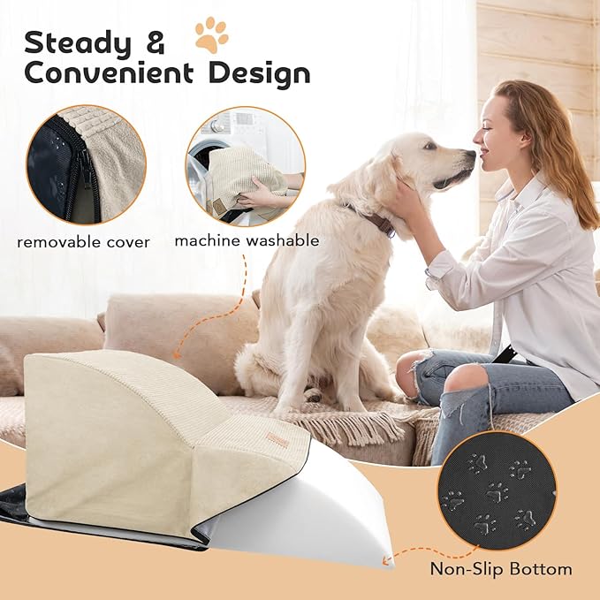 Mestuel Extended Dog Stairs Steps for Couch Sofa, Dog Stairs Ramp for Small Old Joint Injury Dogs Cats, Pet Stairs with Gentle Slope& Nonslip Bottom, Washable Fabric Cover,Beige