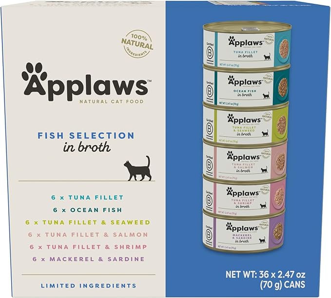 Applaws Natural Wet Canned Cat Food, Made with Limited and Natural Ingreidents, High Protein with No Artificial Additives or Fillers, Fish Selection in Broth (36 x 2.47oz Cans)