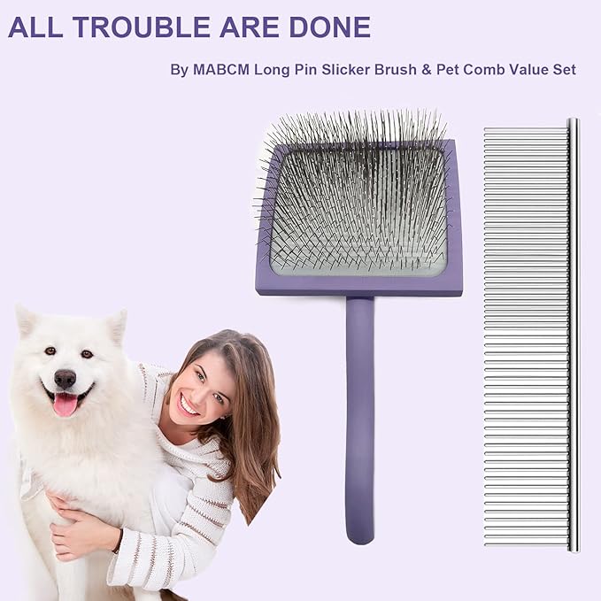 Slicker Ergonomic Wooden-Handle Long-Pin Brush for Poodles, Goldendoodles & Other Long-Haired Dogs (purple)