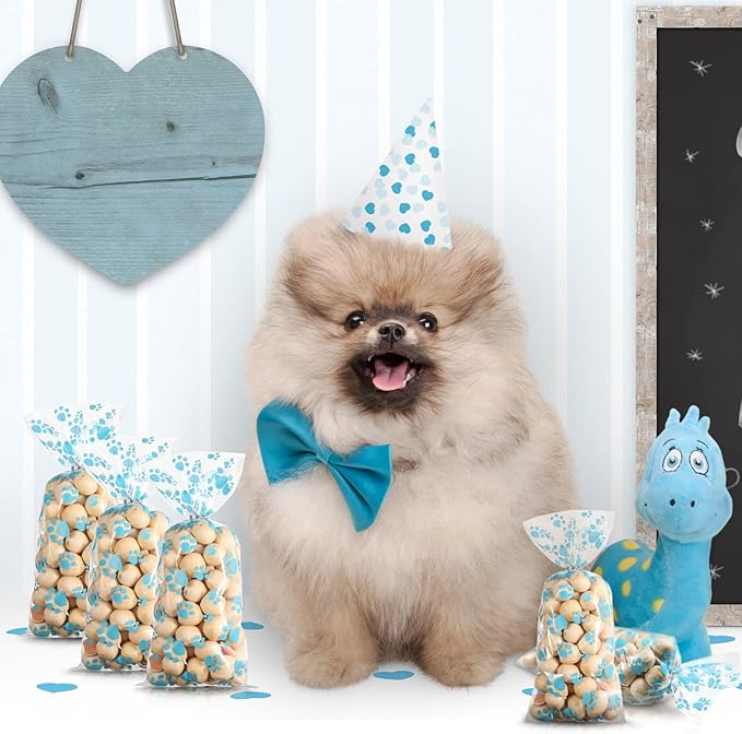 Blulu 100 Pieces Dog Treat Bags Puppy Party Favor Pet Paw Cone Cellophane Bags Candy Heat SealableDog Paw Gift with 100 Pieces Silver Twist Ties for Pet Cat Treat Party Favor (Blue)