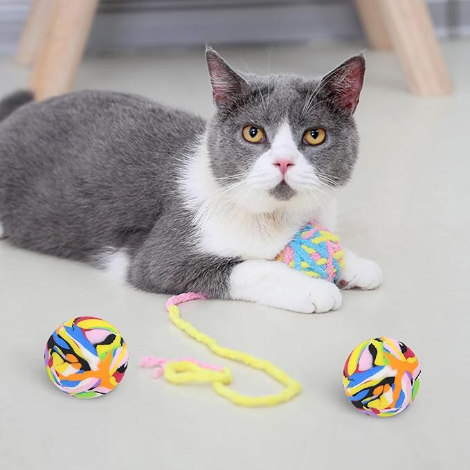 5 PCS Cat Ball Toys - Colorful Woolen Yarn Balls Built-in Bell for Cats, Furry Rattle Ball for Kitty and Kitten Training Indoor Play, Pet Cat Interactive Chasing Chewing Molar Cotton Thread Ball Toys
