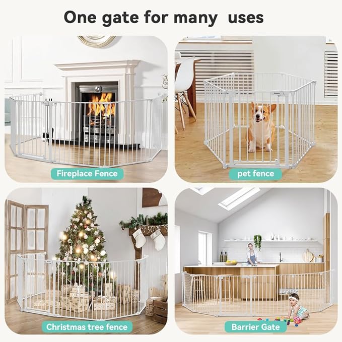 COMOMY 150" Extra Wide Baby Gate With Door - Auto Close Fence Play Area for House Doorways, Fireplace - Walk Through Pet Gate, Hardware Mounted, 6-Panels (30" Tall, White)
