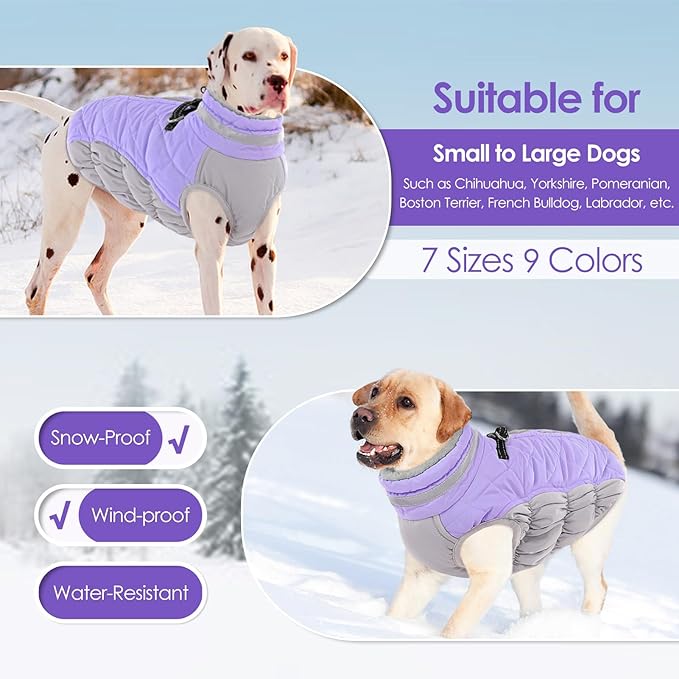 AOFITEE Dog Coat, Warm Dog Winter Coat for Small Dogs, Reflective Turtleneck Dogs Jacket with Harness Built in, Waterproof Windproof Pet Fleece Vest Snow Jacket for Cold Weather, Lilac S