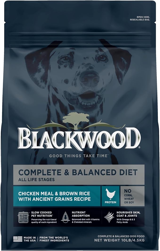 Blackwood Complete & Balanced Diet Dry Dog Food, Chicken Meal & Brown Rice with Ancient Grains, 10 Pound Bag, Slow Cooked with Vitamins & Minerals