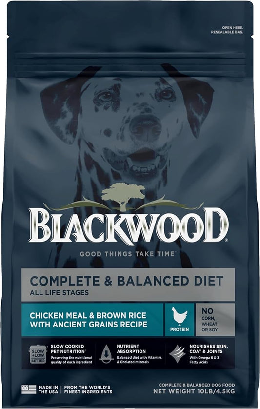 Blackwood Complete & Balanced Diet Dry Dog Food, Chicken Meal & Brown Rice with Ancient Grains, 10 Pound Bag, Slow Cooked with Vitamins & Minerals