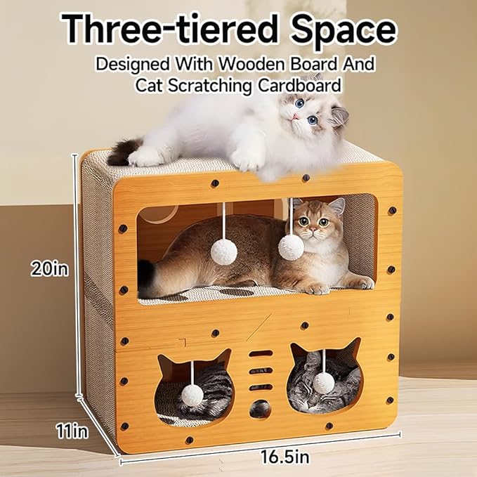 Cat Beds for Indoor Cats，Wooden Cat Scratcher House & Cardboard Condos，Covered Bedsure Kitten Bed Cave Furniture，Cute Playhouse Box，Small Cat Enclosure Crates Hideaway