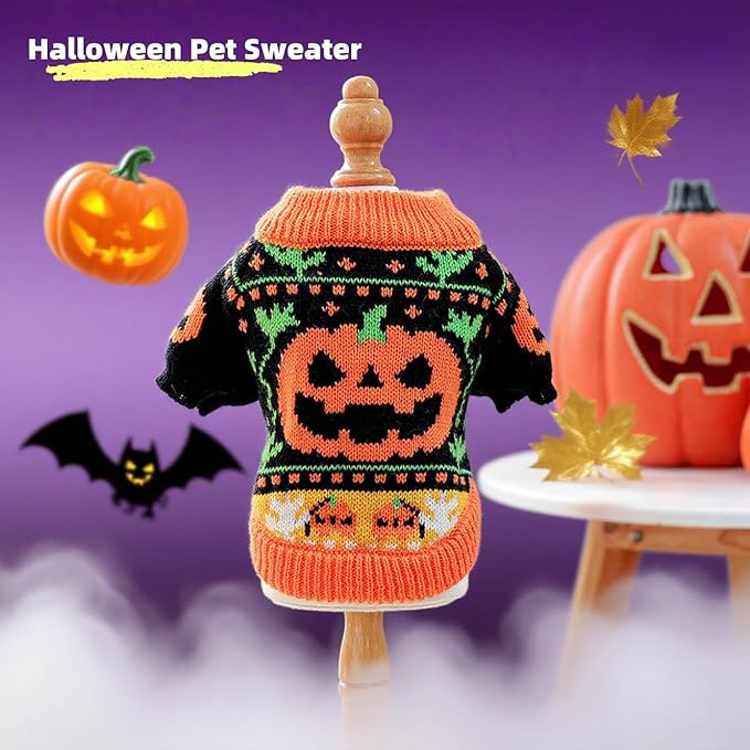 Halloween Pumpkin Dog Sweater, Knit Pet Costume, Orange and Black Fall Winter Outfit for Small Dogs and Cats (Medium)