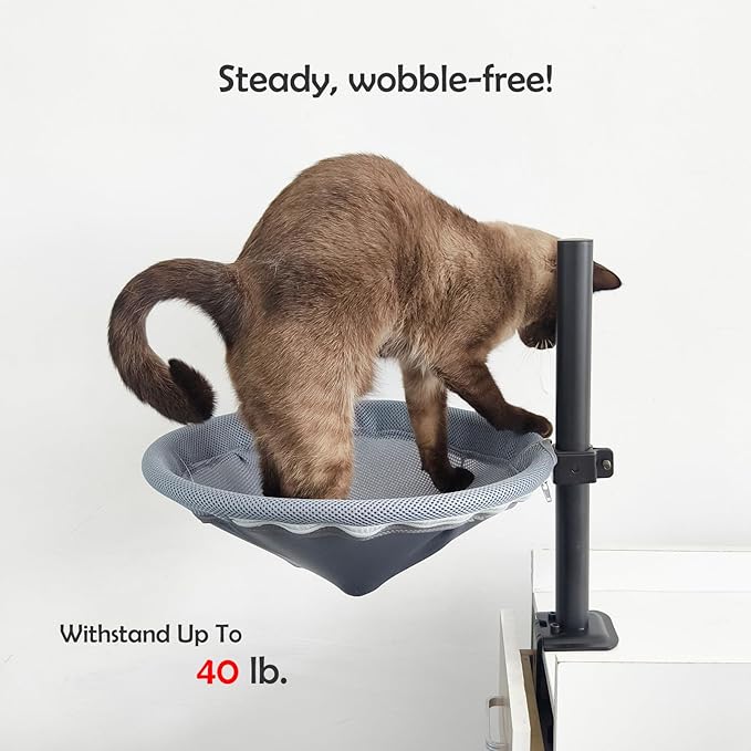 Cat Desk Bed - 360° Rotating & Height Adjustable, Cat Bed for Desk with Hammock, Sturdy Cats Bed for Desk with Removable Washable Cover, Supports Up to 50lbs, Perfect for Indoor Cats, Grey