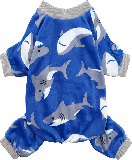 Fitwarm Shark Dog Pajamas, Dog Clothes for Small Dogs Girl Boy, Pet Onesie with Feet, Cat Outfit, Lightweight Velvet, Royal Blue, XXL