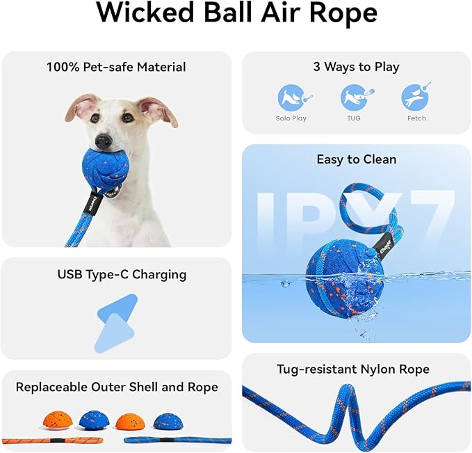 Cheerble Smart Interactive Dog Rope Toy Tug of War, Wicked Ball AIR Rope, Automatic Moving, Bouncing, and Rotating, E-TPU Material, IPX7 Waterproof Rating, Active Rolling Ball (Blue)