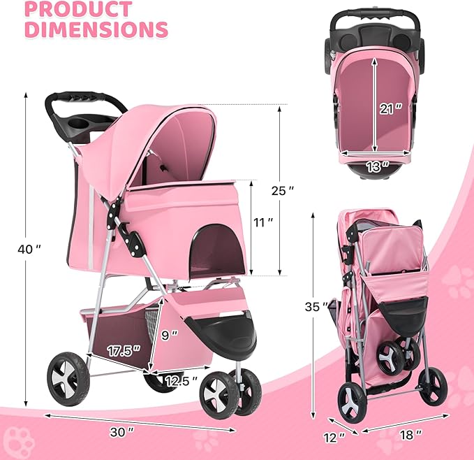Magshion 3-Wheel Pet Stroller, Foldable Travel Jogger for Small & Medium Dogs & Cats (Up to 33lbs), Lightweight Carrier with Breathable Mesh Cover, Cup Holder & Storage Basket, Pink