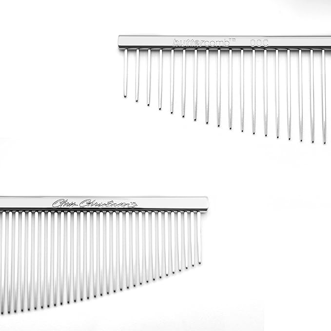 Chris Christensen 00C 6.5 in Crescent Coarse/Fine Finishing Butter Comb, Groom Like a Professional, Rounded Corners Prevent Friction and Breakage, Solid Brass Spin with Steel Teeth, Chrome Finish