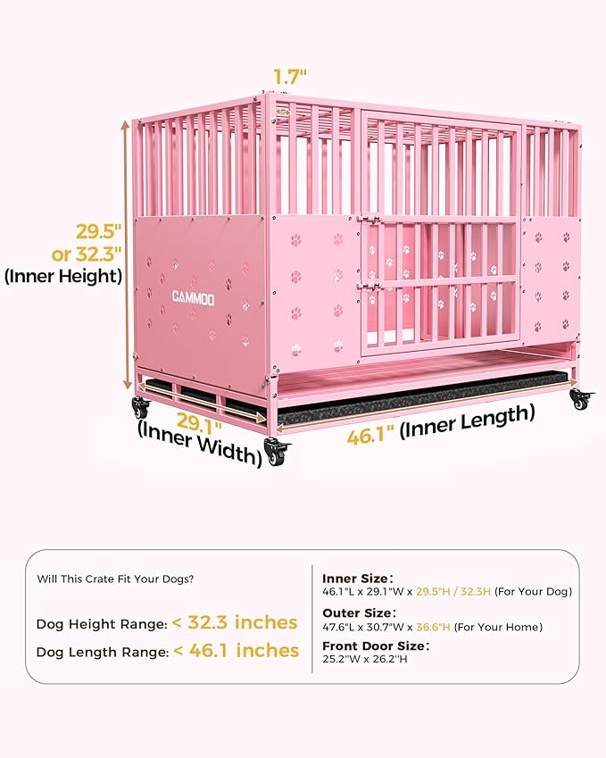 48'' Heavy Duty Dog Crate for Large Dogs, – Upgraded Chew-Proof Panels, Comfort-Widened Floor Panel, Dog Kennel Indoor, Adjustable Internal Height, Easy-Access Wide Door, 4 Lockable Wheels
