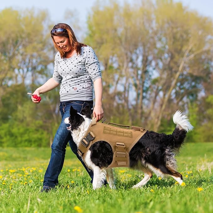 Tactical Dog Backpack Harness for Large Breed Original Design Metal Buckle Vest with Side Bags Pouches for Service Working Training (Khaki (with 2 Pouches), L)