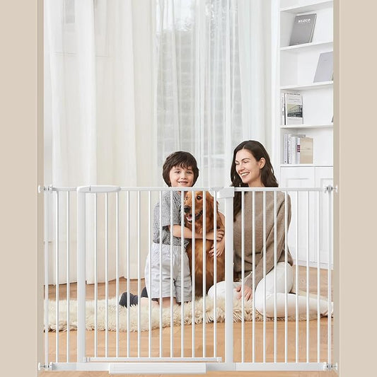 Extra Wide Baby Gate 30.11-77.36",Ultra Narrow 1.37" Spacing Dog Gate indoor,Double Lock Auto Close Pet Gate for House,Pressure Mounted Baby Gate Easy Walk Through Pet Gate for Hallway(White)