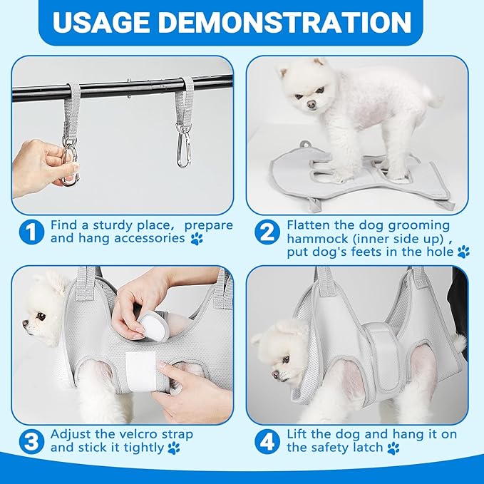 Supet Dog Grooming Hammock for Small Dogs, Dog Hanging Harness for Nail Trimming Doorframe, Pet Holder Restraint for Clipping Nails, Pet Hoist Sling for Cutting Nails at Home (Grey 2XS)