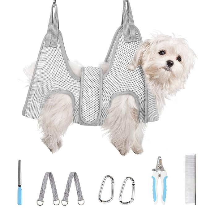 Supet Dog Grooming Hammock for Small Dogs, Dog Hanging Harness for Nail Trimming Doorframe, Pet Holder Restraint for Clipping Nails, Pet Hoist Sling for Cutting Nails at Home (Grey XS)