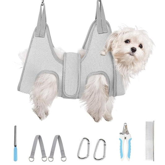Supet Dog Grooming Hammock for Small Dogs, Dog Hanging Harness for Nail Trimming Doorframe, Pet Holder Restraint for Clipping Nails, Pet Hoist Sling for Cutting Nails at Home (Grey XS)