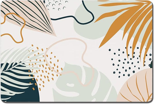 Rnivvi Dog Food Mat, 16" x 24" Boho Absorbent Dog Cat Bowl Mat for Food and Water, Cute Anti-Slip Rubber Pet Feeding Rug Protect Floors, Puppy Placemat for Feeding & Watering Supplies, Tropical Leaves