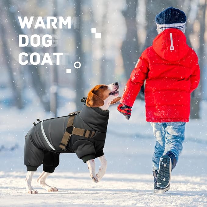 BRKURLEG Black Dog Coat with Harness, Dog Winter Jacket, Dogs Onesie Body Warm Jackets, Small Dogs Winter Coats Reflective Windproof Warm Cold Weather Coats, Pet Waterproof Jacket Hiking S