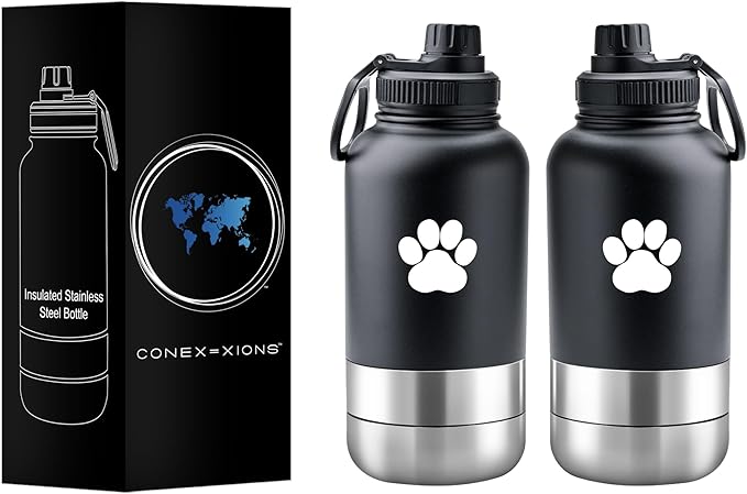 32 oz Portable Dog Water Bottle & Bowl for Travel- 3 in 1, Stainless Steel, Leak-Proof, Insulated (Barking Black, 32 oz)