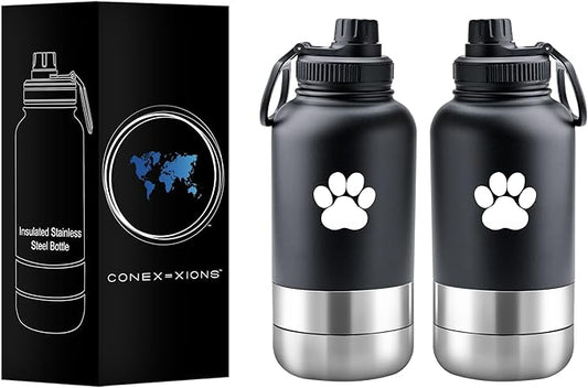 32 oz Portable Dog Water Bottle & Bowl for Travel- 3 in 1, Stainless Steel, Leak-Proof, Insulated (Barking Black, 32 oz)