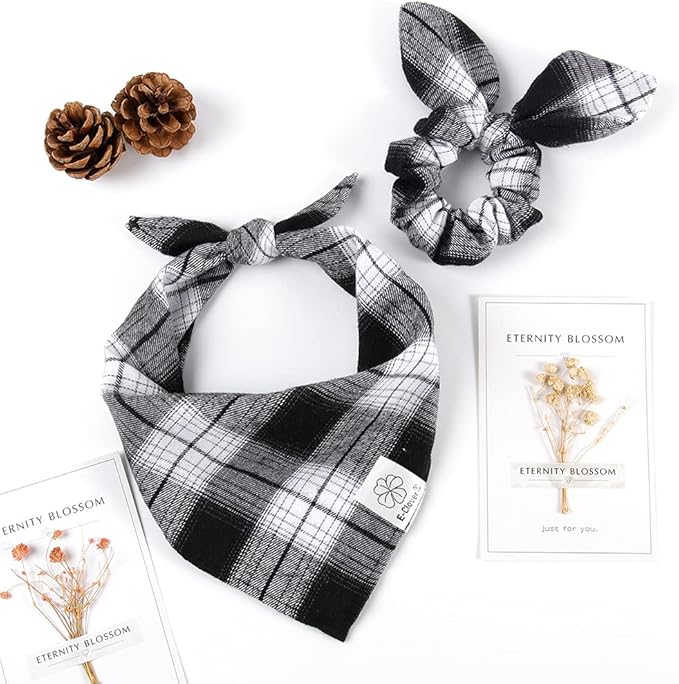 E-Clover Dog Bandanas & Matching Scrunchie Set Boy Plaid Dog Scarf Triangle Bandana Bibs for Medium Large Dog Owner Birthday Gifts Black White