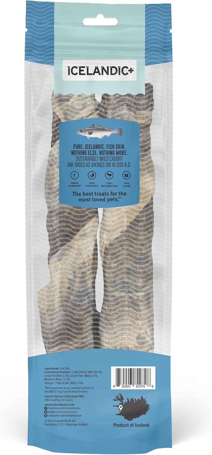 Icelandic+ Long Chew Sticks: Cod Skin - 2Piece 10" Hand Wrapped Dog Treats, 3.2oz, Wild- Caught, Air-Dried Single Ingredient Pet Snacks, Just The Fish