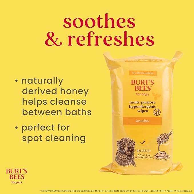 Burt's Bees for Pets Multipurpose Dog Wipes with with Honey, 98% Natural Origin Formulas, Hypoallergenic Dog Wipes Cleaning, Dog Cleaning Wipes, Dog Wipes for Paws and Butt, 100ct
