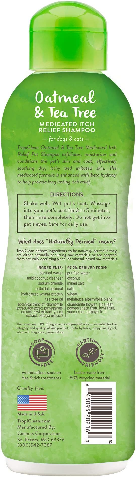 TropiClean Oatmeal Dog Shampoo for Itchy Skin Relief, Soothing Medicated Itch Relief, with Vitamin E, Puppy Safe, Made in USA, Cat Friendly, 20 oz.