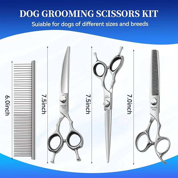 Dog Grooming Scissors Set 3 in 1 with Straight, Curved, Thinning Scissors and Comb Stainless Steel Dog Shears for Grooming Pets and Cats,Sharp and Durable