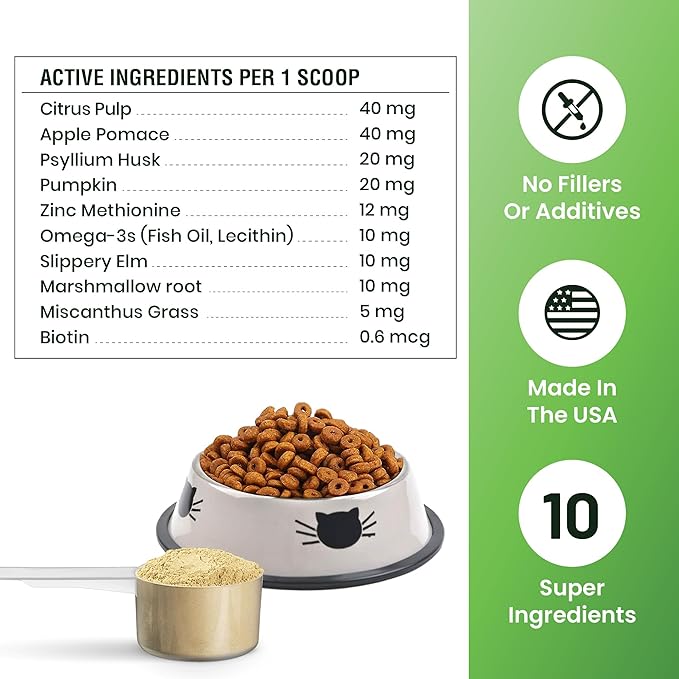 Hairball Support for Cats - 10 Super Ingredients for Hairball Relief, Digestive Support & Healthy Skin - No Fillers - Psyllium, Pumpkin, Omega-3s & More - 240 Scoops