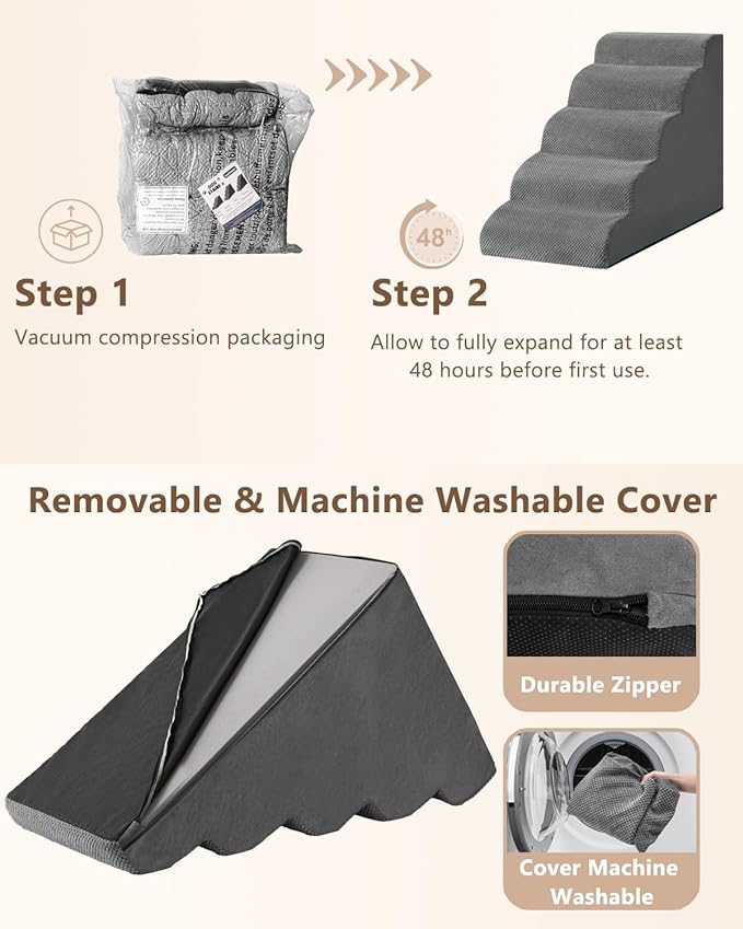 Dog Stairs for High Bed,5 Step Dog Ramp for Small and Medium Dogs,Pet Stairs with Non-Slip Bottom for Puppy, Older Cat,Indoor Pet Steps,Comfort,Durable,22.4" H,Grey