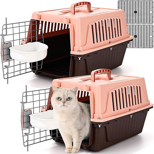 2 Set 18.9" Pet Carrier for Small Cats and Dogs, Hard Sided Plastic Cat Kennel for Pet with Front Door Security Lock Fully Breathable Travel Crate, up to 13 Lbs(Brown,18.9 x 12.6 x 11.8 Inch)